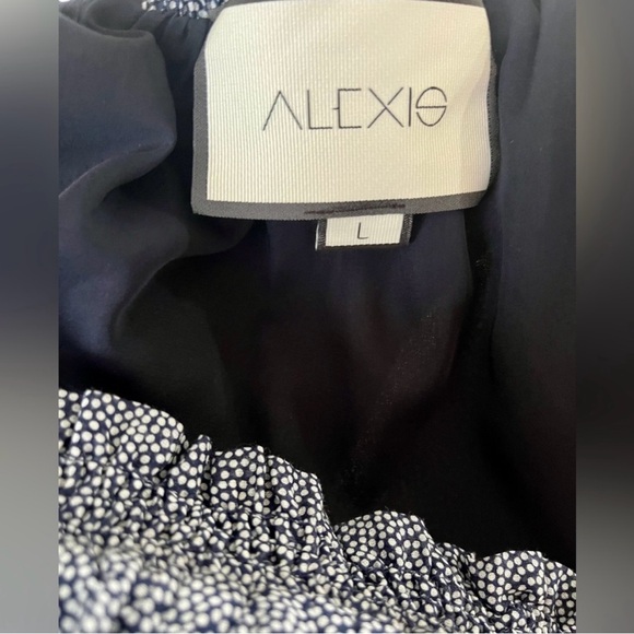 ALEXIS Dress Navy White Dots Smocked Waist
Off Shoulder Floral Eyelet Trim SZ L - Picture 6 of 7